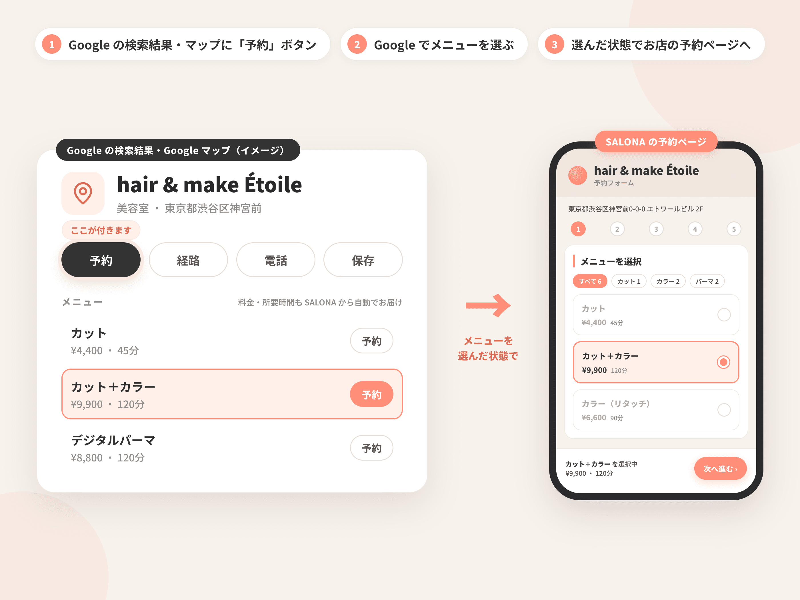 Googleで予約 (Reserve with Google) — Google でメニューを選んでお店の予約ページへ